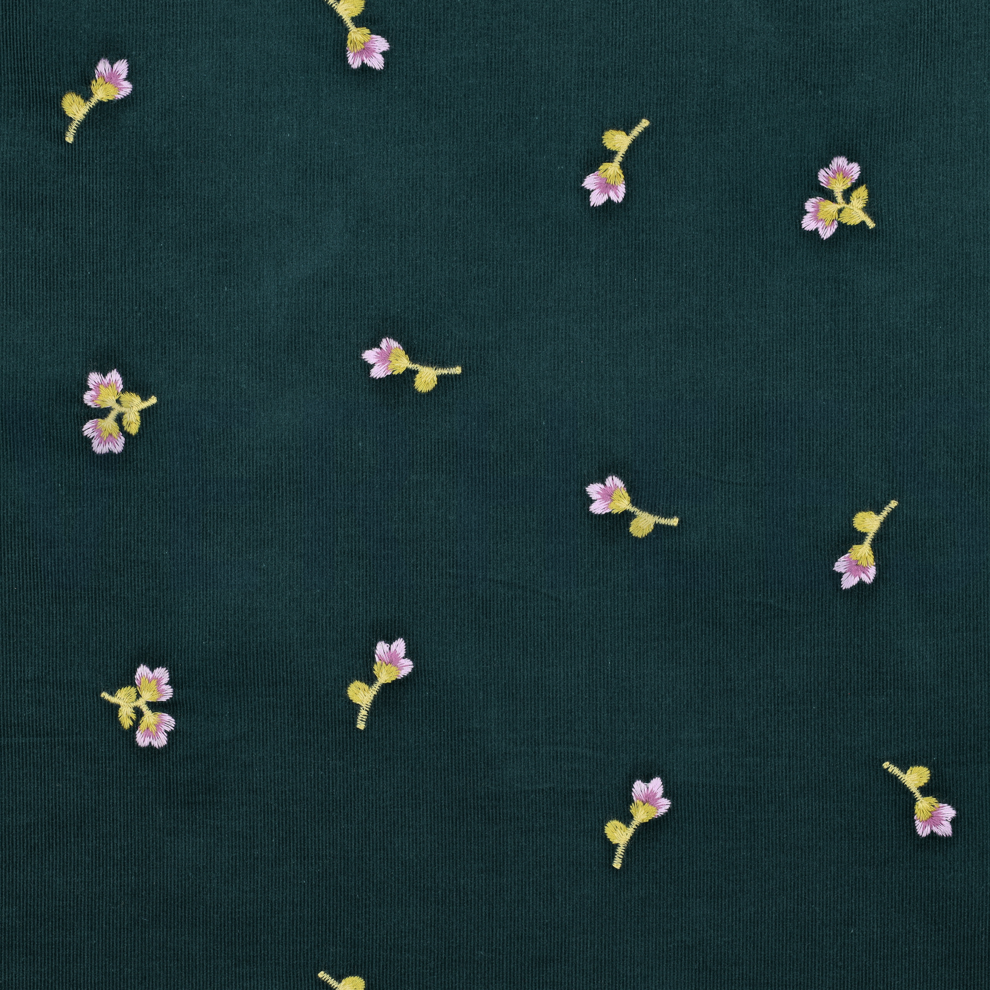 FEINCORD STICKEREI BLUMEN DUNKELGRÜN (high resolution)