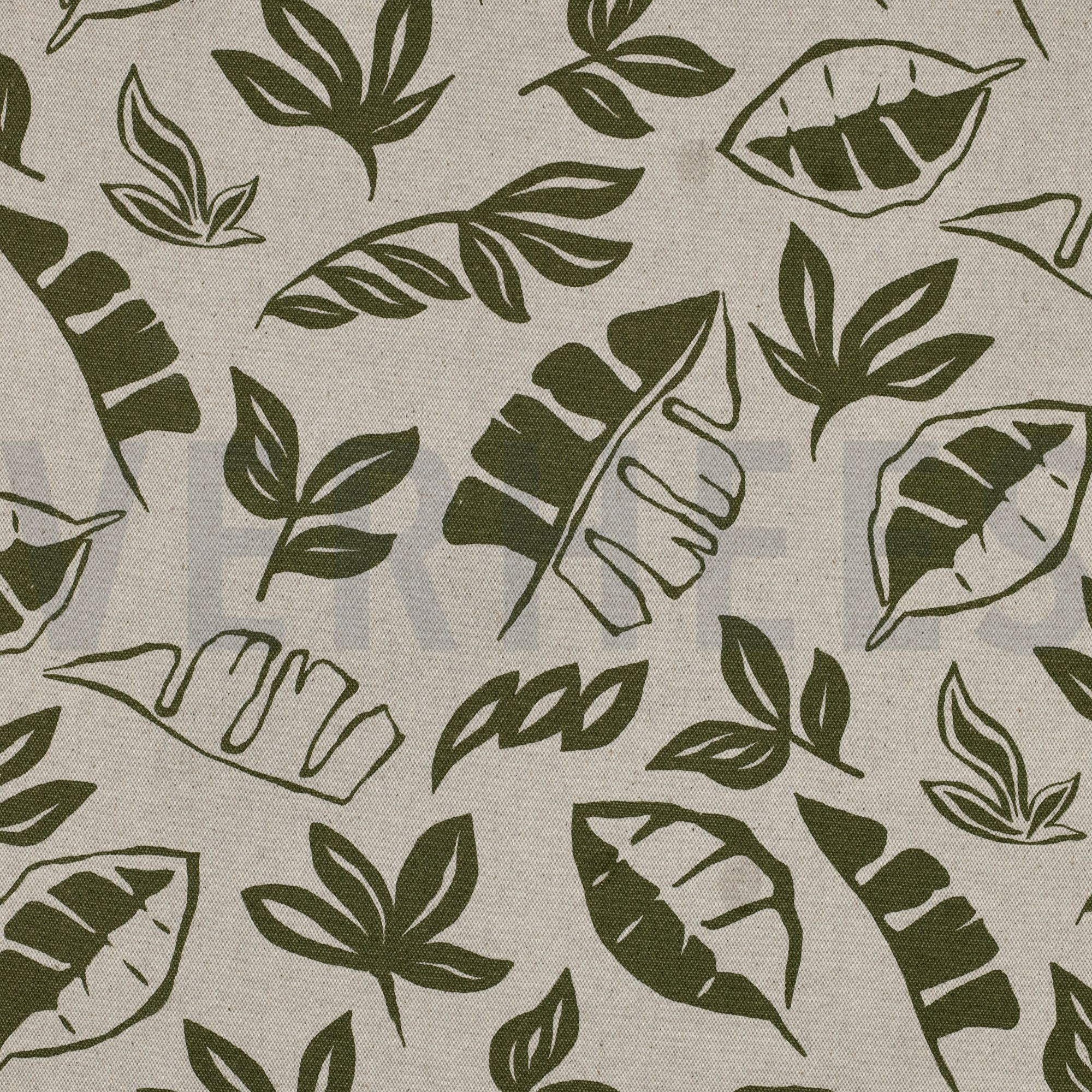 TOILE DÉCORATION LIN LOOK FEUILLES VERT ARMÉE (high resolution)