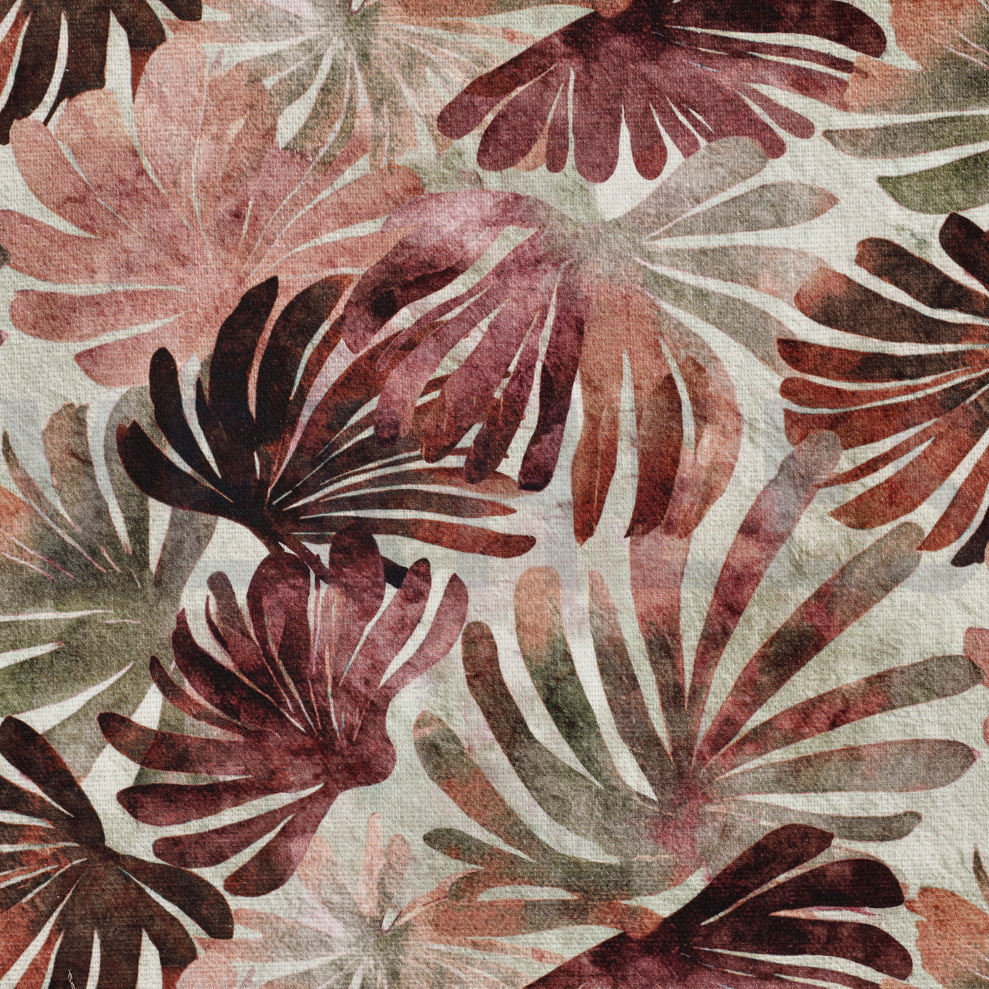 TOILE DÉCORATION SLUB DIGITAL FEUILLES BORDEAUX (high resolution)