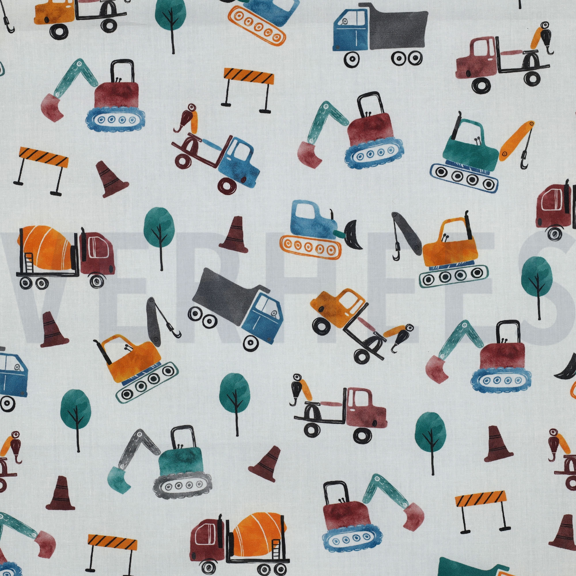 FINE POPLIN DIGITAL CONSTRUCTION VEHICLES WHITE (high resolution)