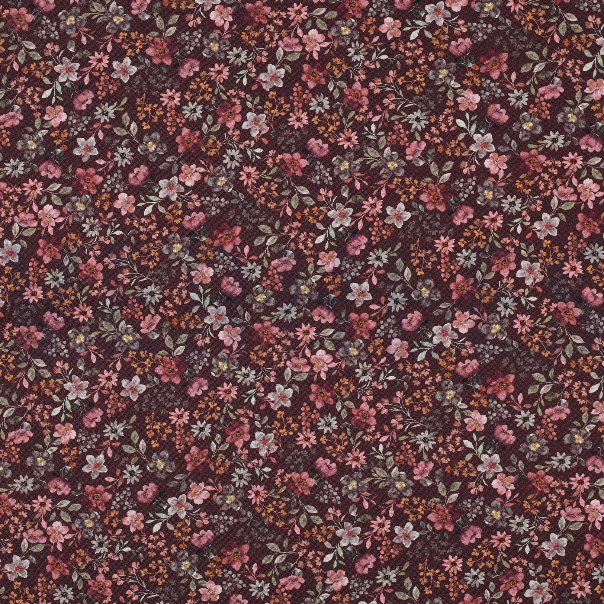 FIJNGEWEVEN KATOENEN POPLIN DIGITAAL BLOEMEN BORDEAUXROOD (high resolution)