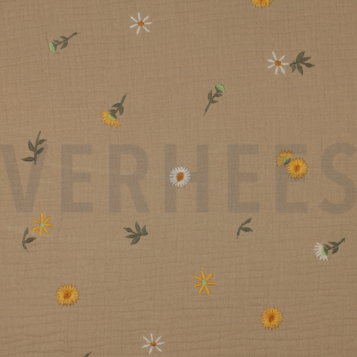 DOUBLE GAUZE EMBROIDERY ZONNEBLOEMEN BEIGE (high resolution)