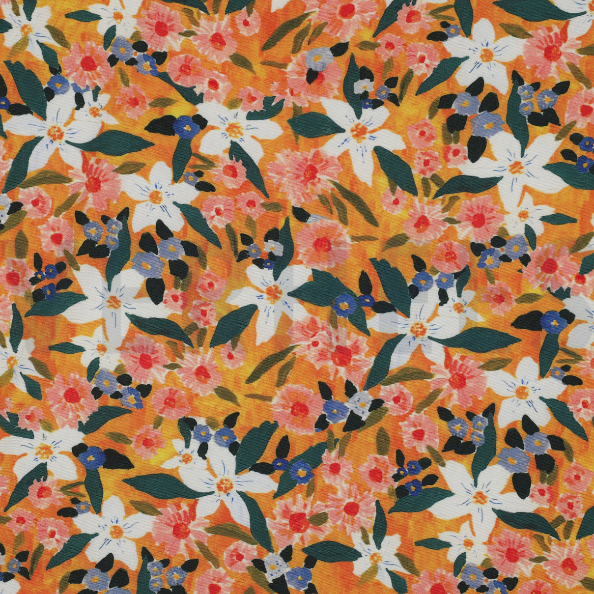 VISCOSE POPLIN STRETCH DIGITAAL BLOEMEN ORANJE (high resolution)