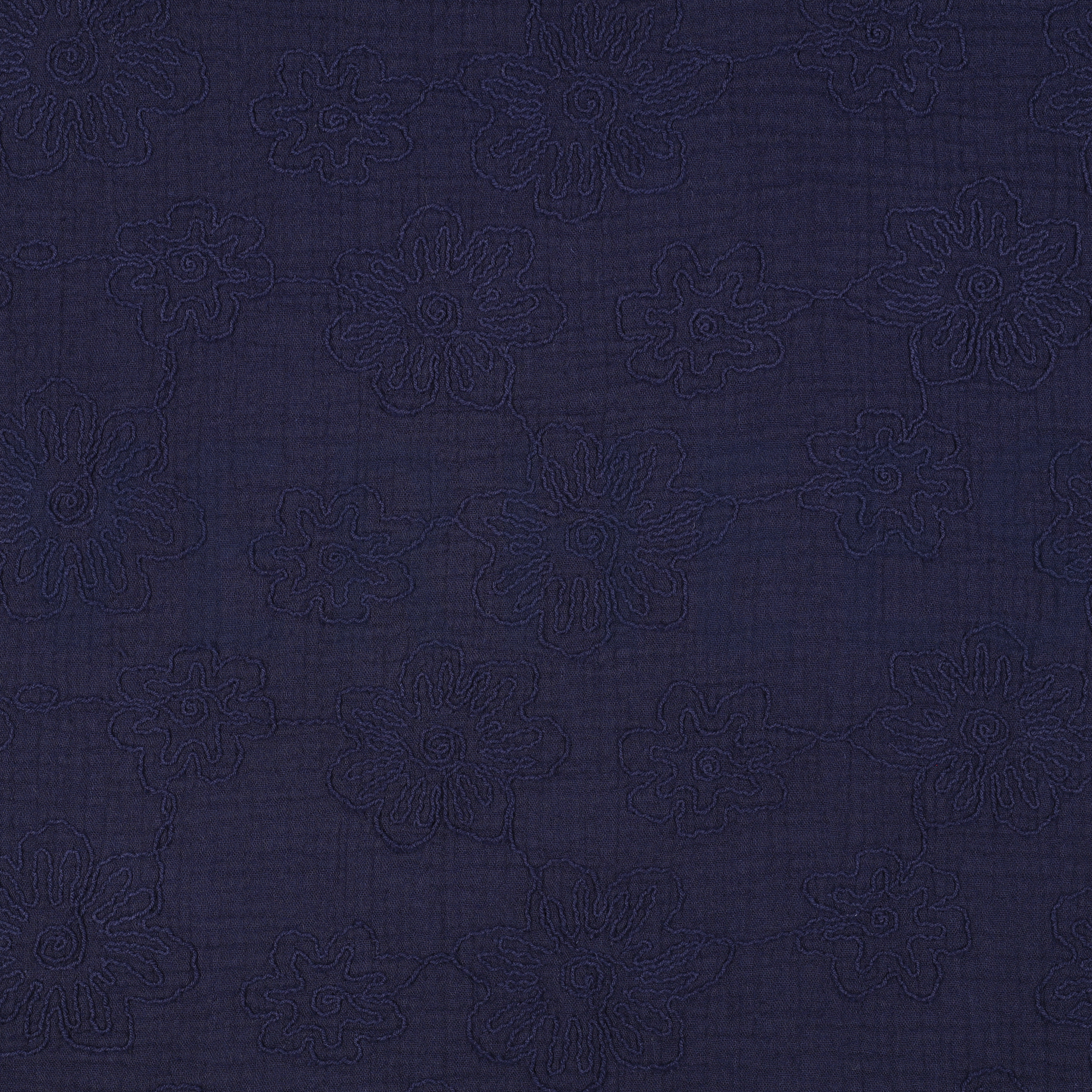 DOUBLE GAZE DE COTON BRODERIE FLEURS BLEU MARINE (high resolution)