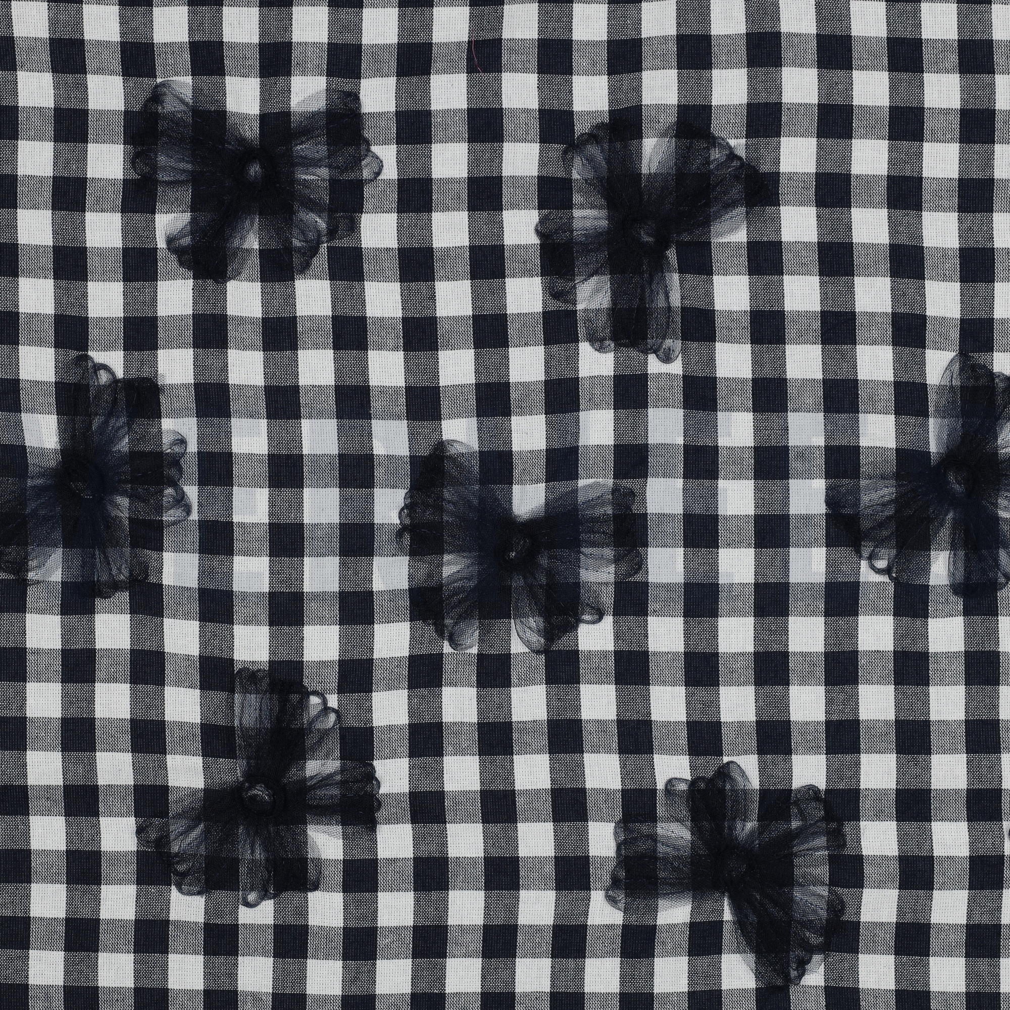 BAUMWOLLE GARNGEFÄRBT KAROS TÜLL BLUMEN MARINEBLAU (high resolution)