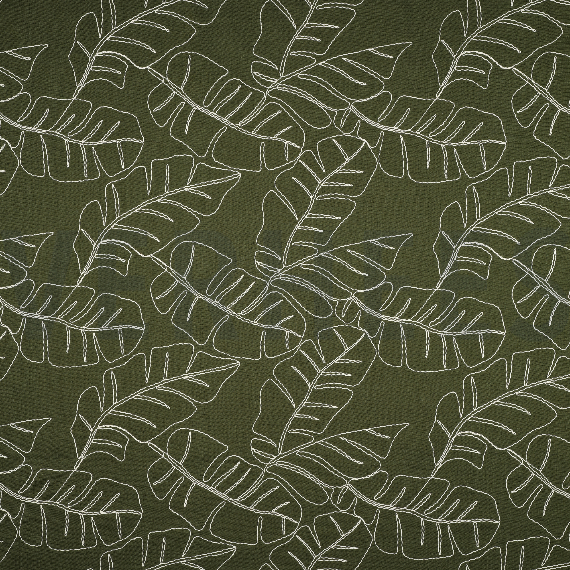 LINEN VISCOSE EMBROIDERY LEAVES FOREST GREEN (high resolution)