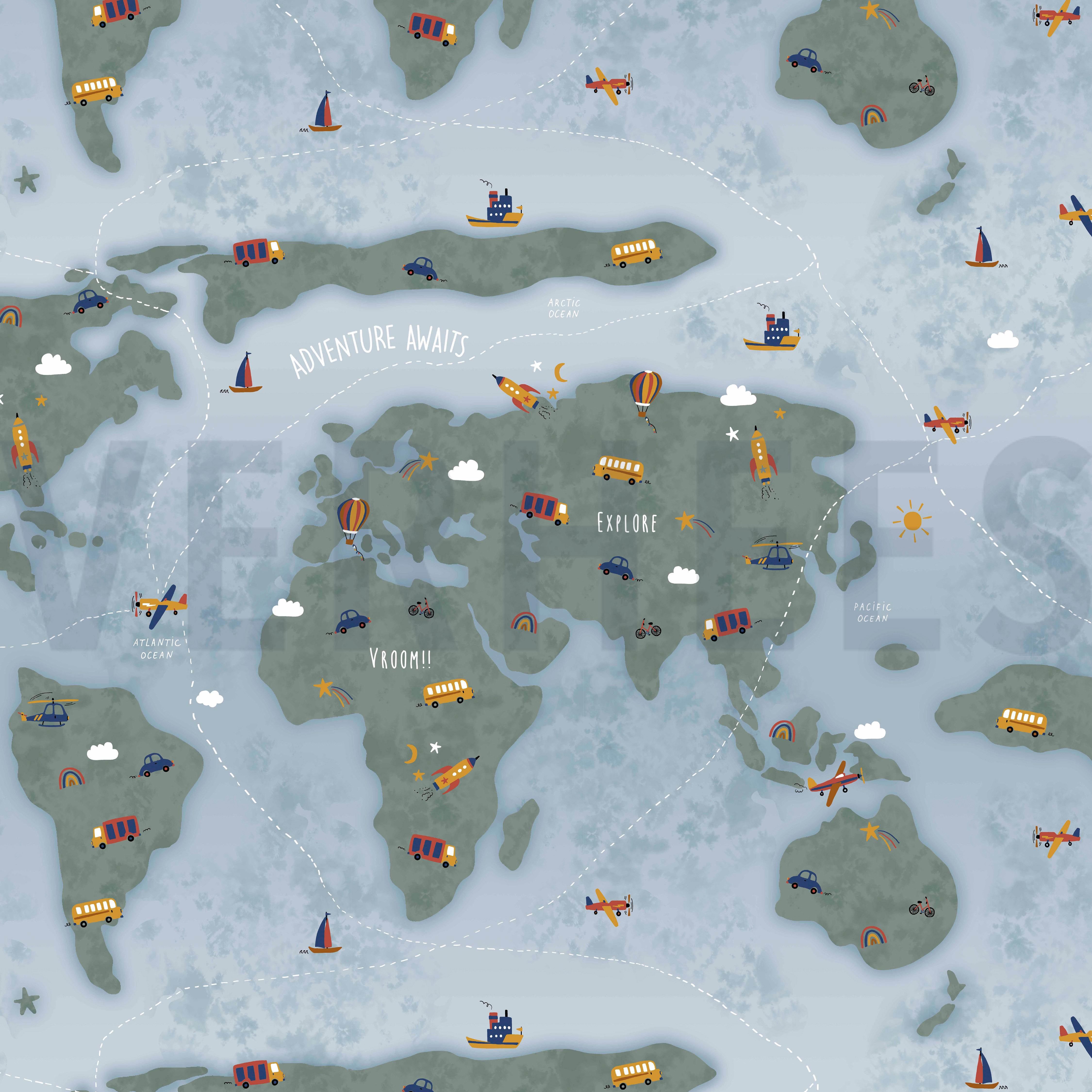 KATOENEN POPLIN DIGITAAL AVONTURENKAART LICHTBLAUW (high resolution)