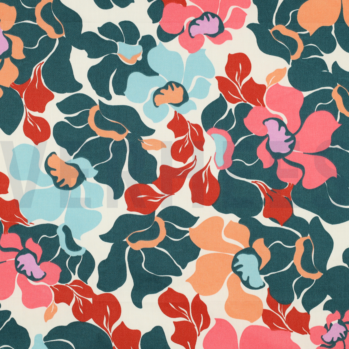 COTTON SATIN ABSTRACT FLOWERS DARK GREEN/PEACH (high resolution)