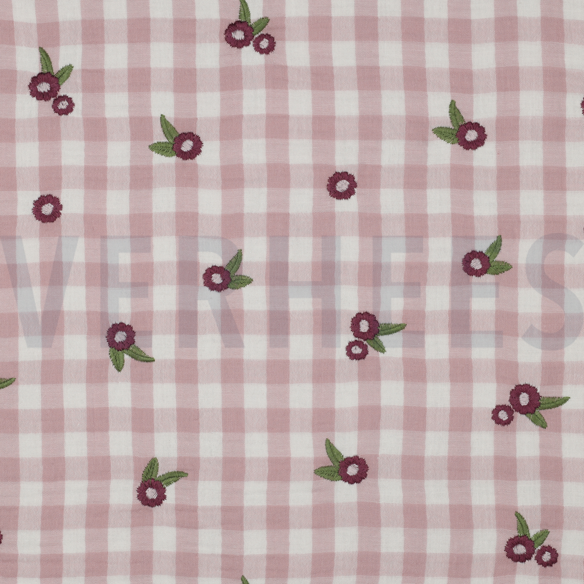 DOUBLE GAUZE CHECKS EMBROIDERY FLOWERS MAUVE (high resolution)