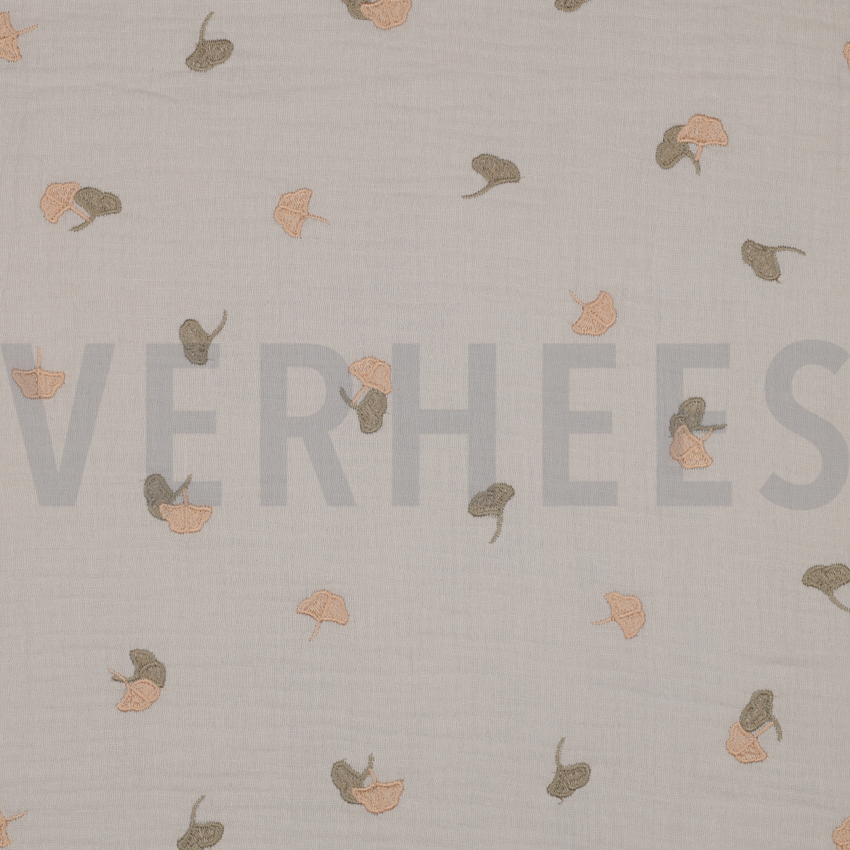 DOUBLE GAZE DE COTON BRODERIE FEUILLES SABLE CLAIR (high resolution)