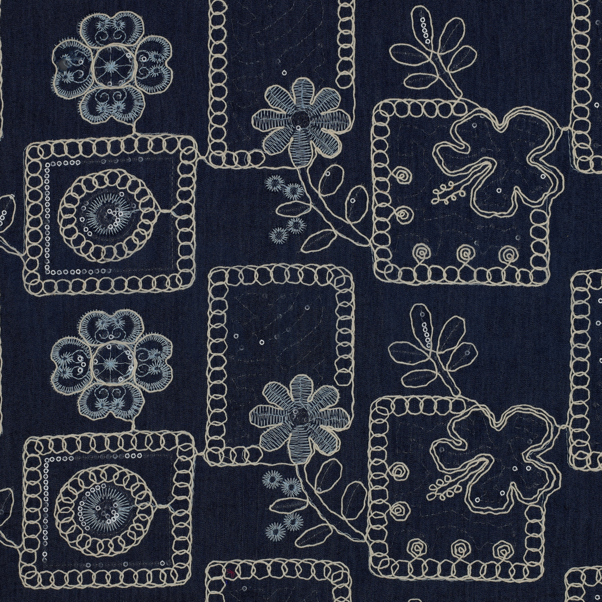 DENIM BRODERIE FLEURS PAILLETTES BLEU FONCÉ (high resolution)