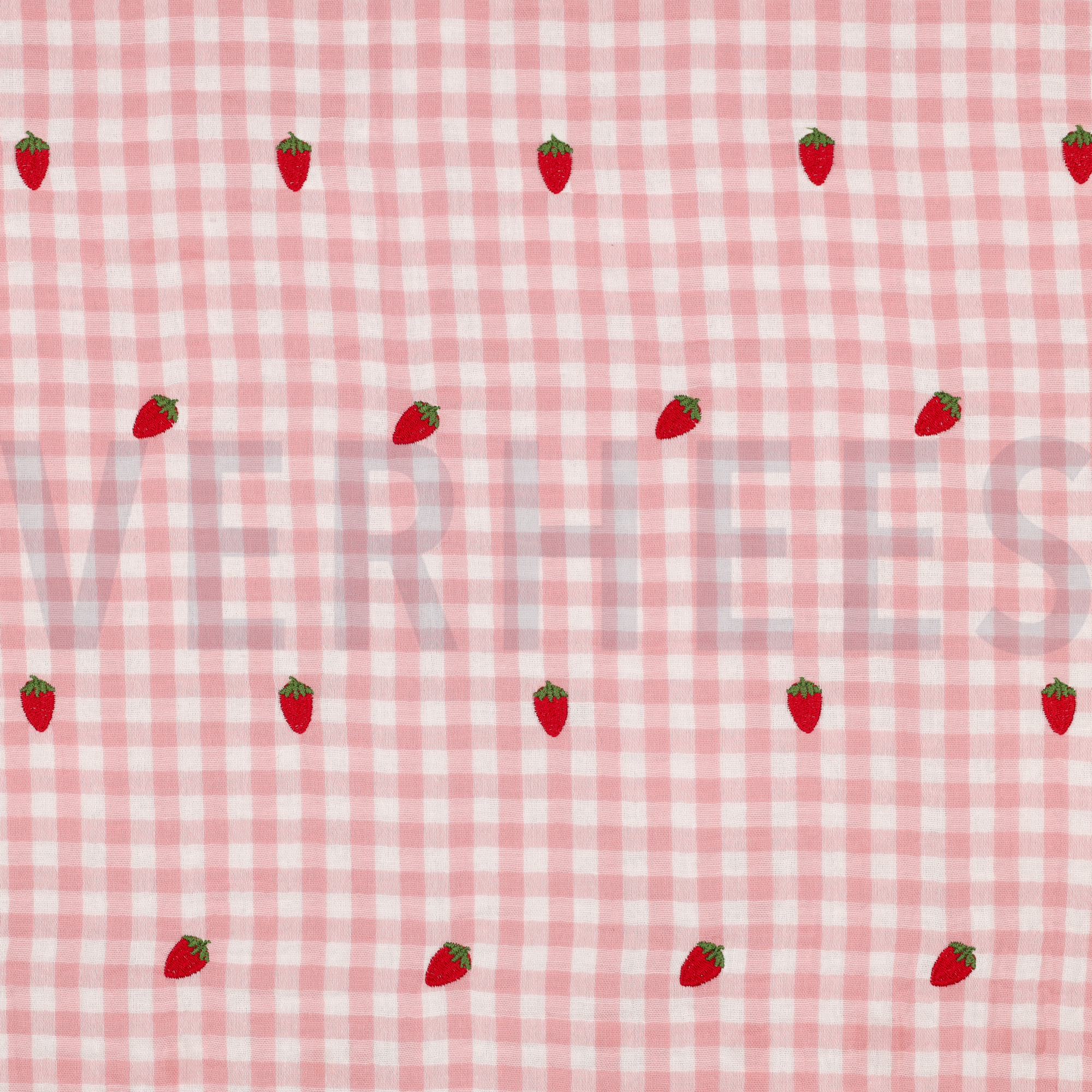 DOUBLE GAZE DE COTON BRODERIE FRAISES ROSE (high resolution)