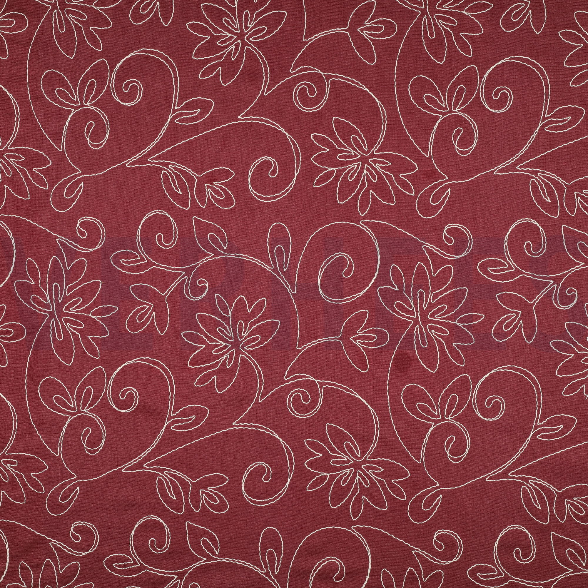 LINNEN VISCOSE EMBROIDERY BLOEMEN BORDEAUXROOD (high resolution)
