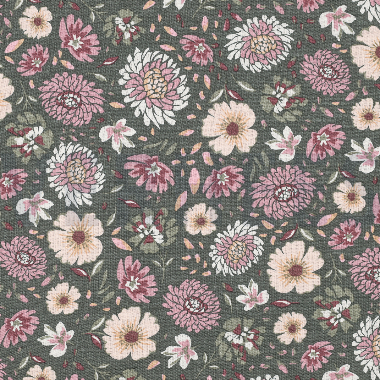 LIN VISCOSE LAVÉ FLEURS VERT ALGUE (high resolution)