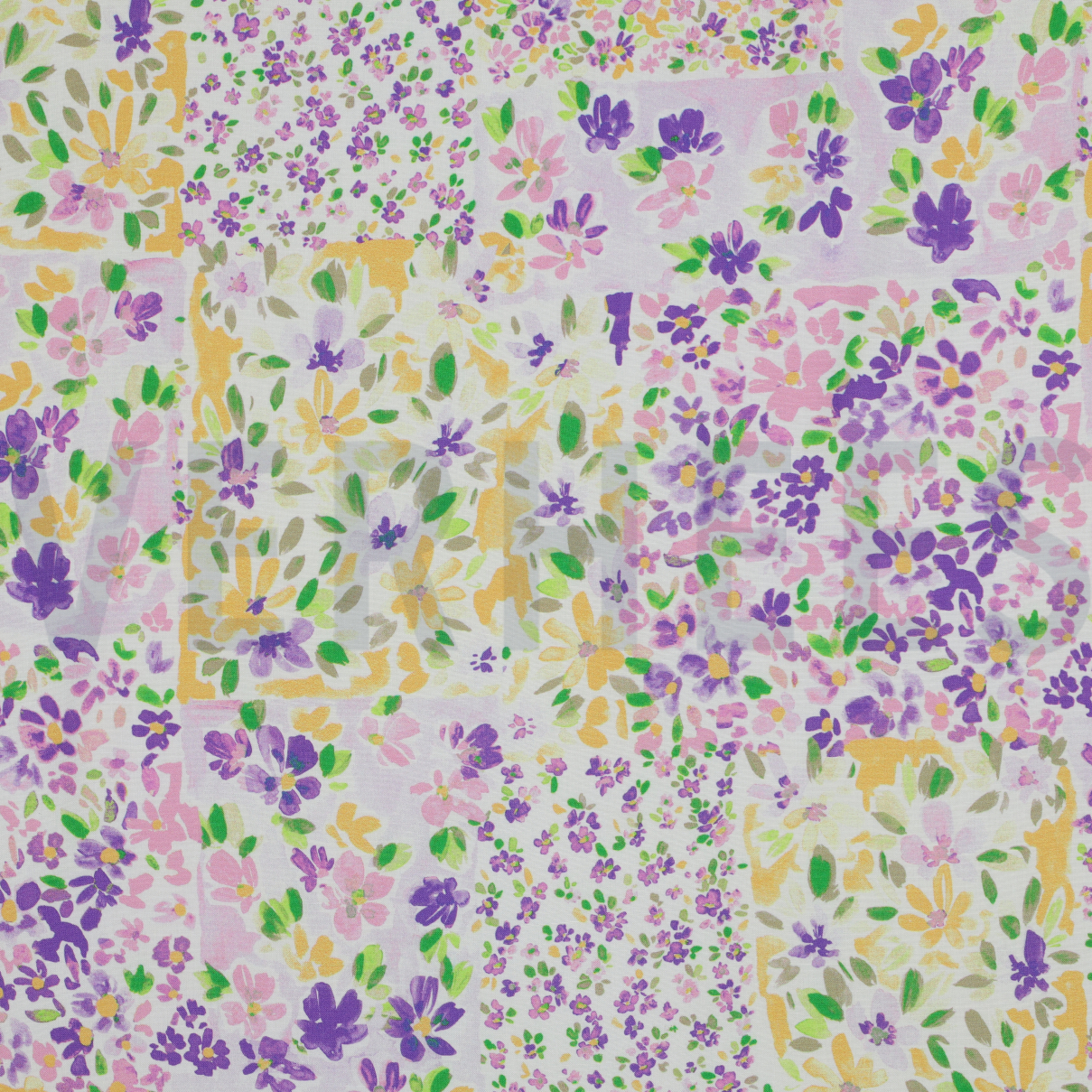 VISCOSE RADIANCE DIGITAL PATCHWORK FLOWERS GRAPE/LEMON (high resolution)
