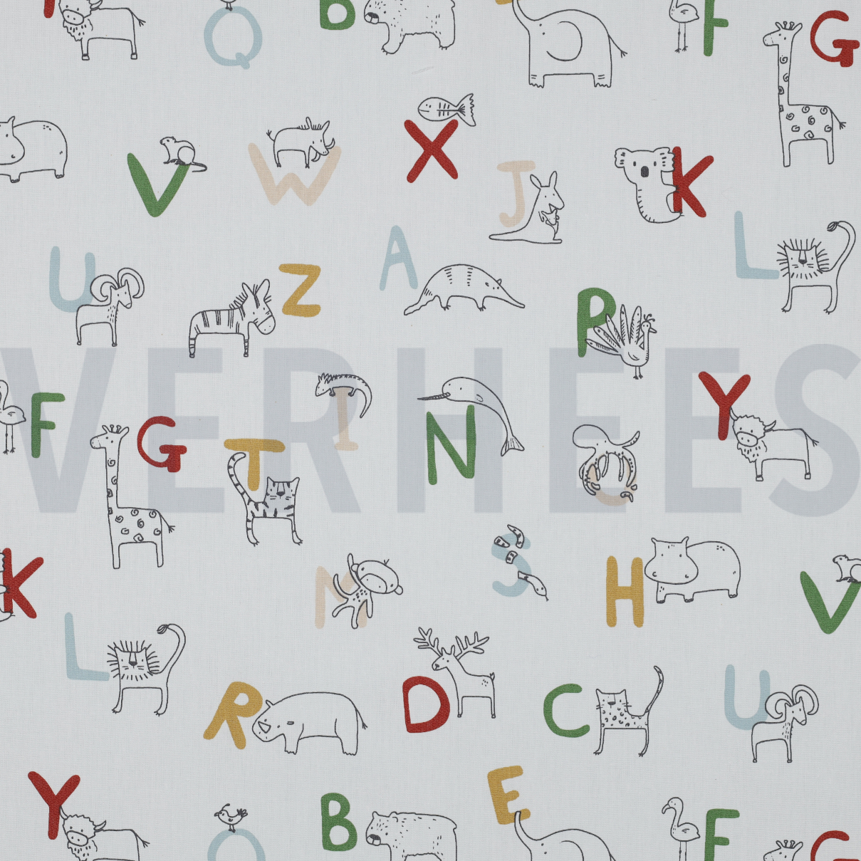KATOENEN POPLIN GOTS DIERENALFABET WIT (high resolution)