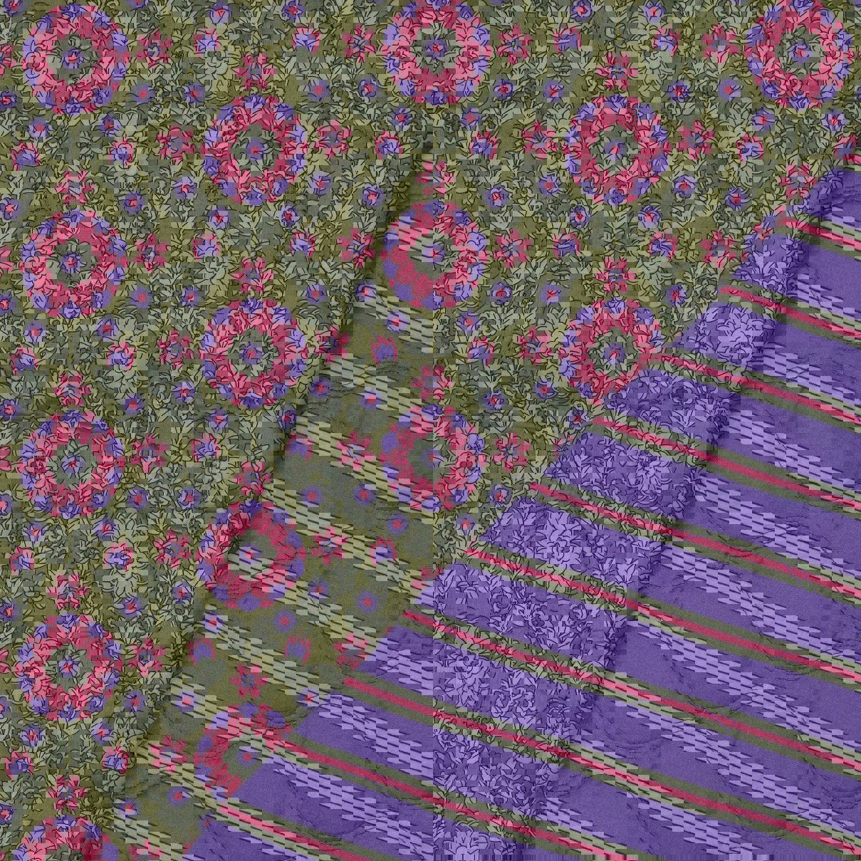 COTTON VOILE STEPPED FLOWERS ARMY GREEN (high resolution)