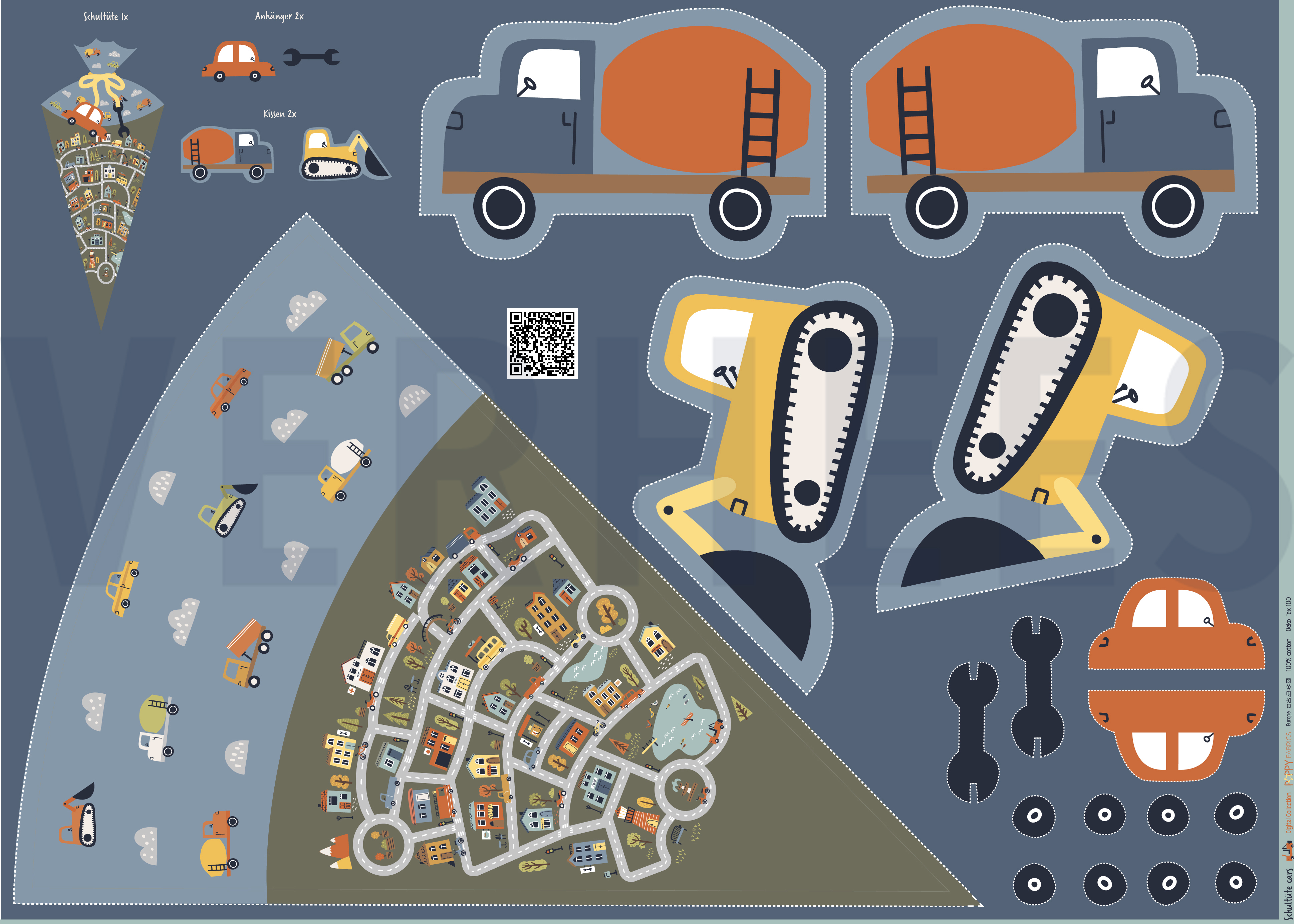 KATOENEN POPLIN DIGITAAL SCHULTÜTE AUTO’S PANEL BLAUW (high resolution)