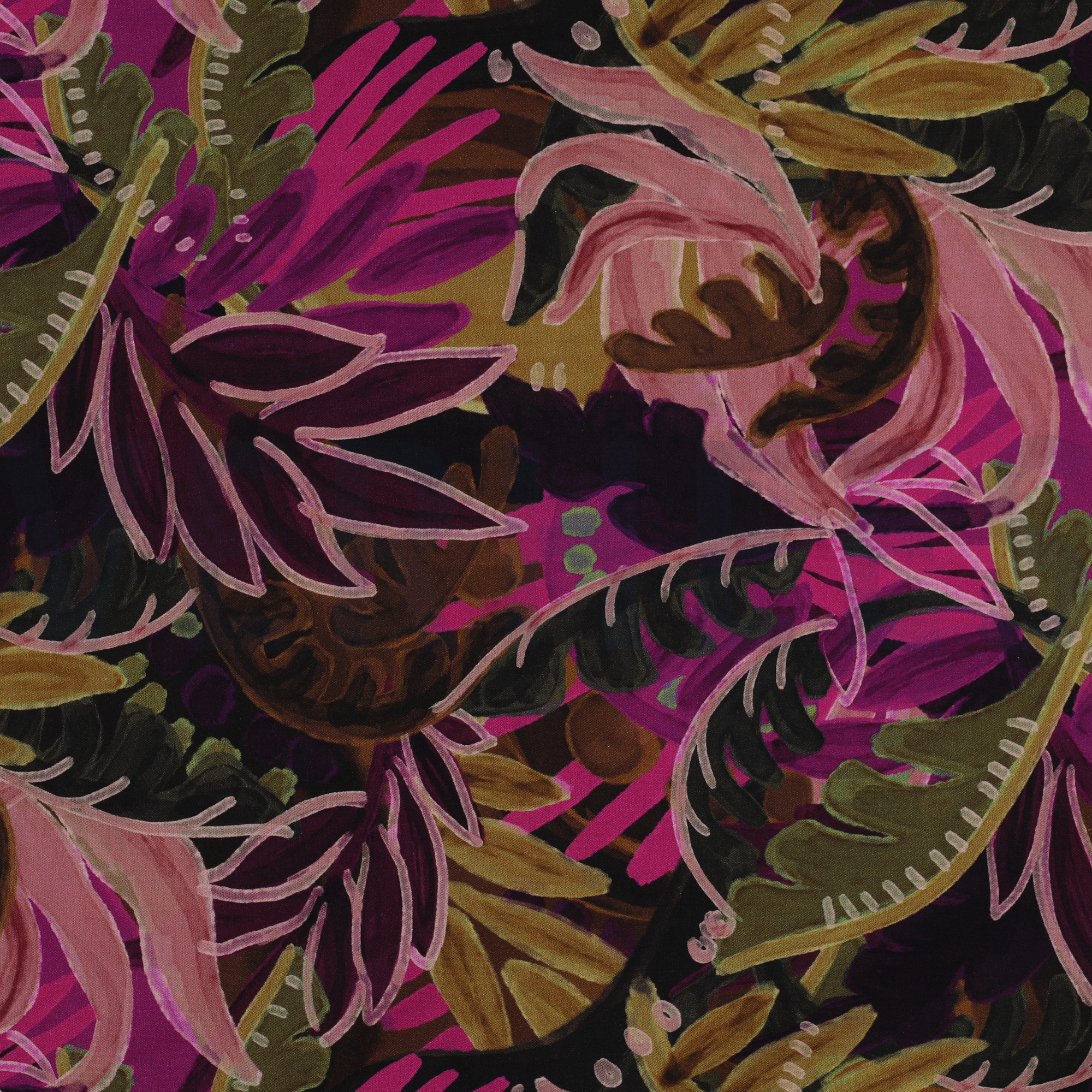 COTTON VISCOSE DIGITAL LEAVES PINK/OCHRE (high resolution)
