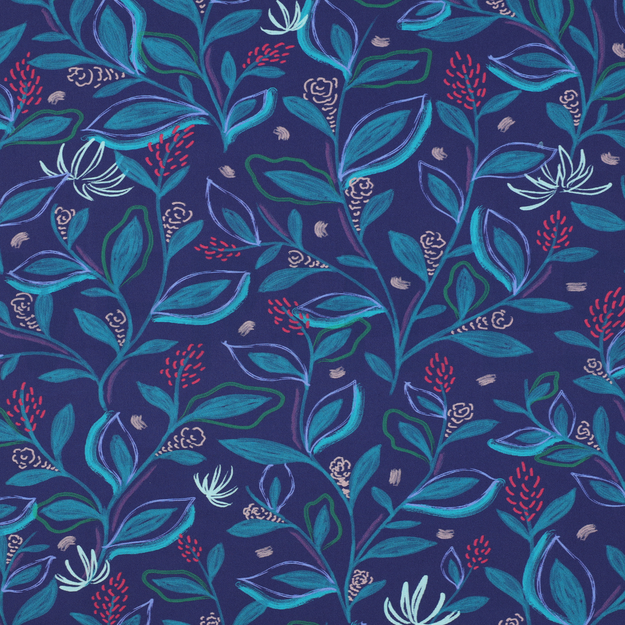 KATOENEN POPLIN DIGITAAL BLADEREN KOBALTBLAUW (high resolution)