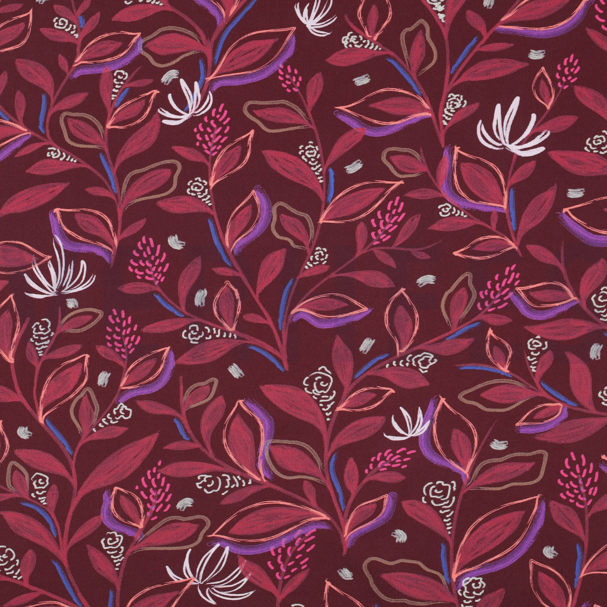 FINE POPLIN DIGITAL LEAVES BURGUNDY (high resolution)