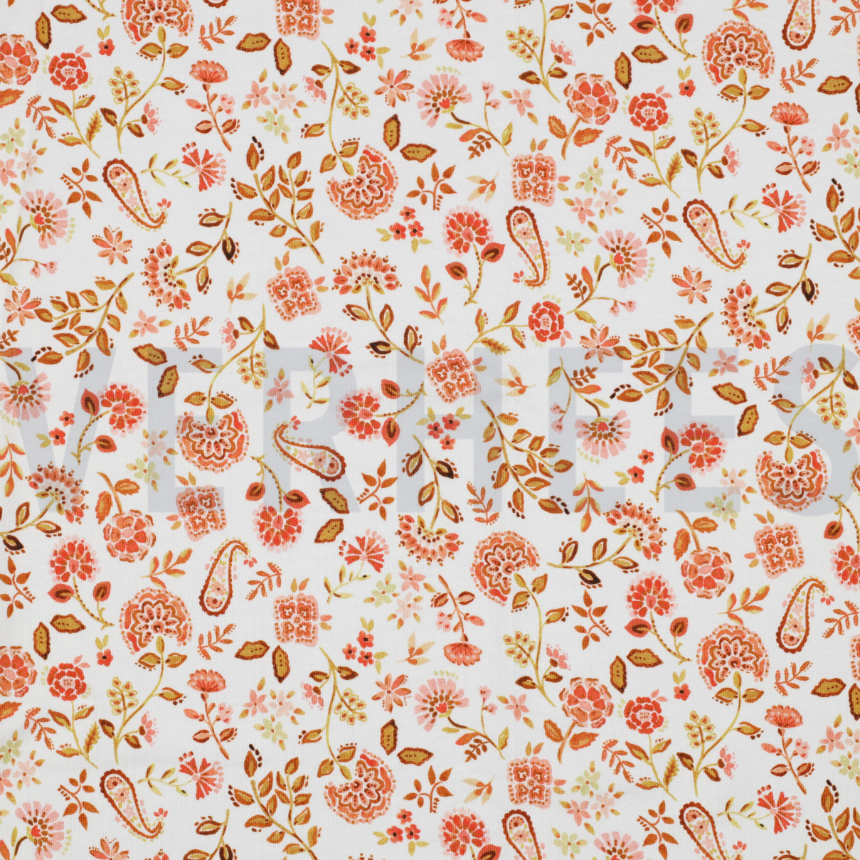 JERSEY DIGITAAL PAISLEY BLOEMEN WIT / PERZIK (high resolution)