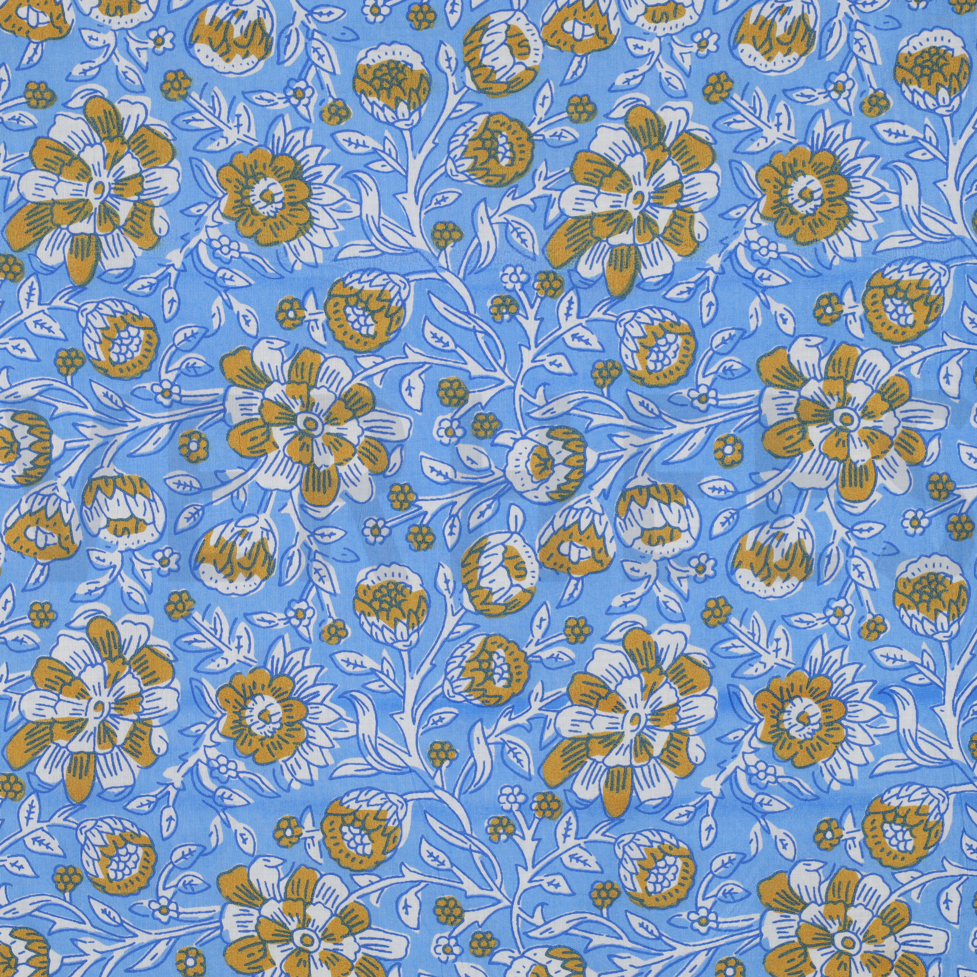 HANDGEMAAKTE BLOKPRINT KATOEN BLOEMEN BLAUW (high resolution)