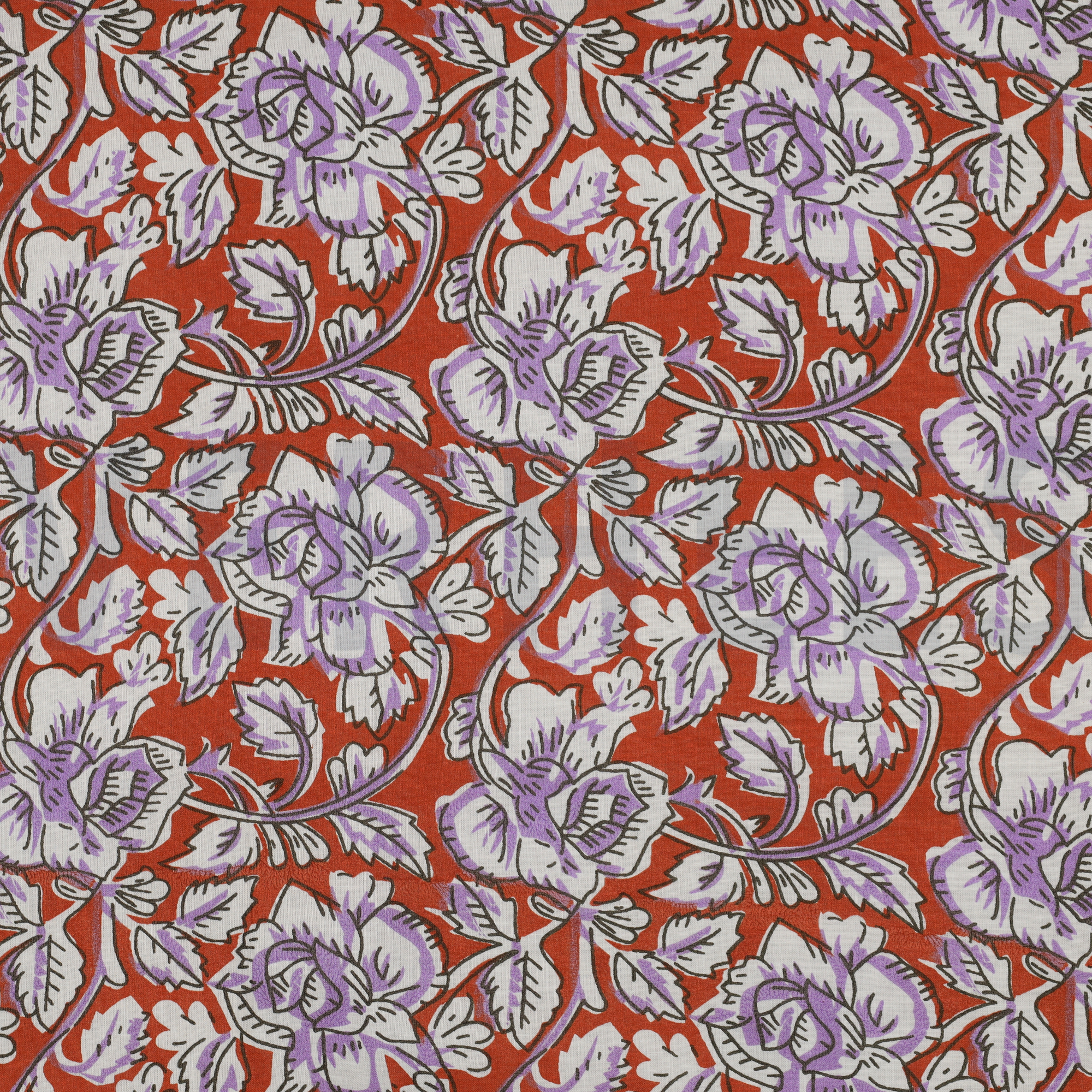 COTON IMPRIMÉ BLOCK FAIT MAIN FLEURS TERRACOTTA (high resolution)