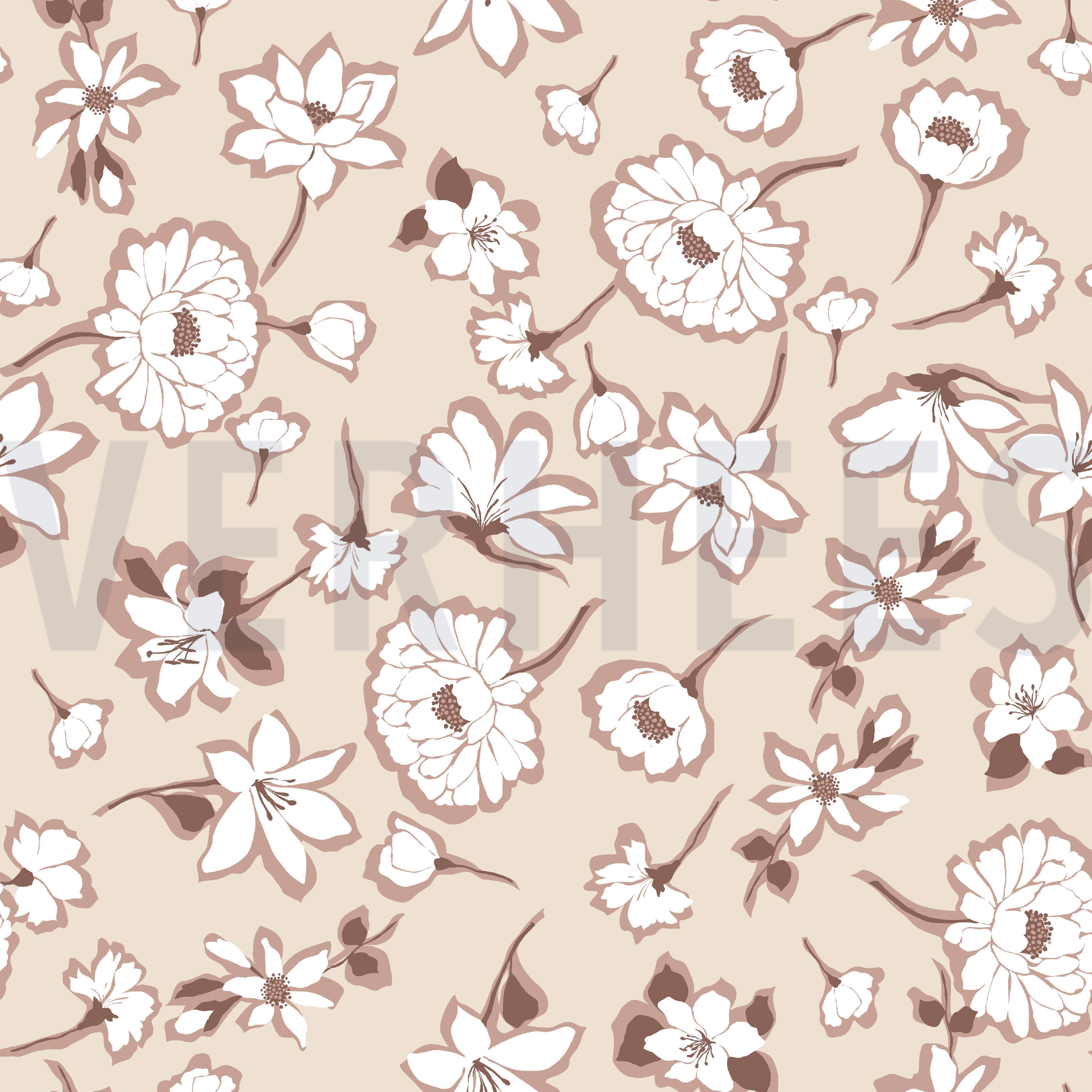 LINNEN GEWASSEN GROTE BLOEMEN LICHT ZAND (high resolution)