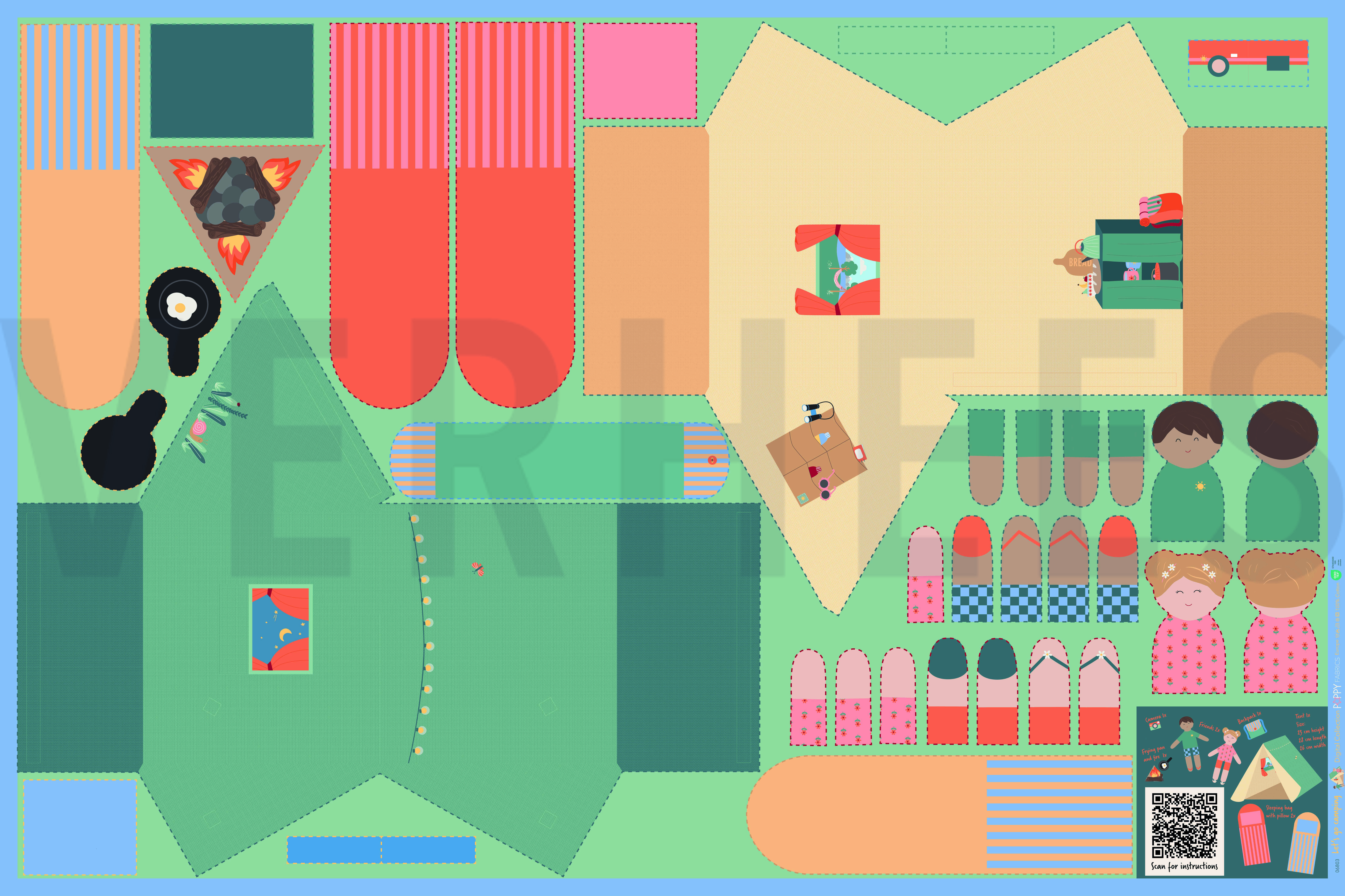 FEIN GEWEBTE BAUMWOLLPOPELINE DIGITAL LET’S GO CAMPING PANEL GRÜN (high resolution)