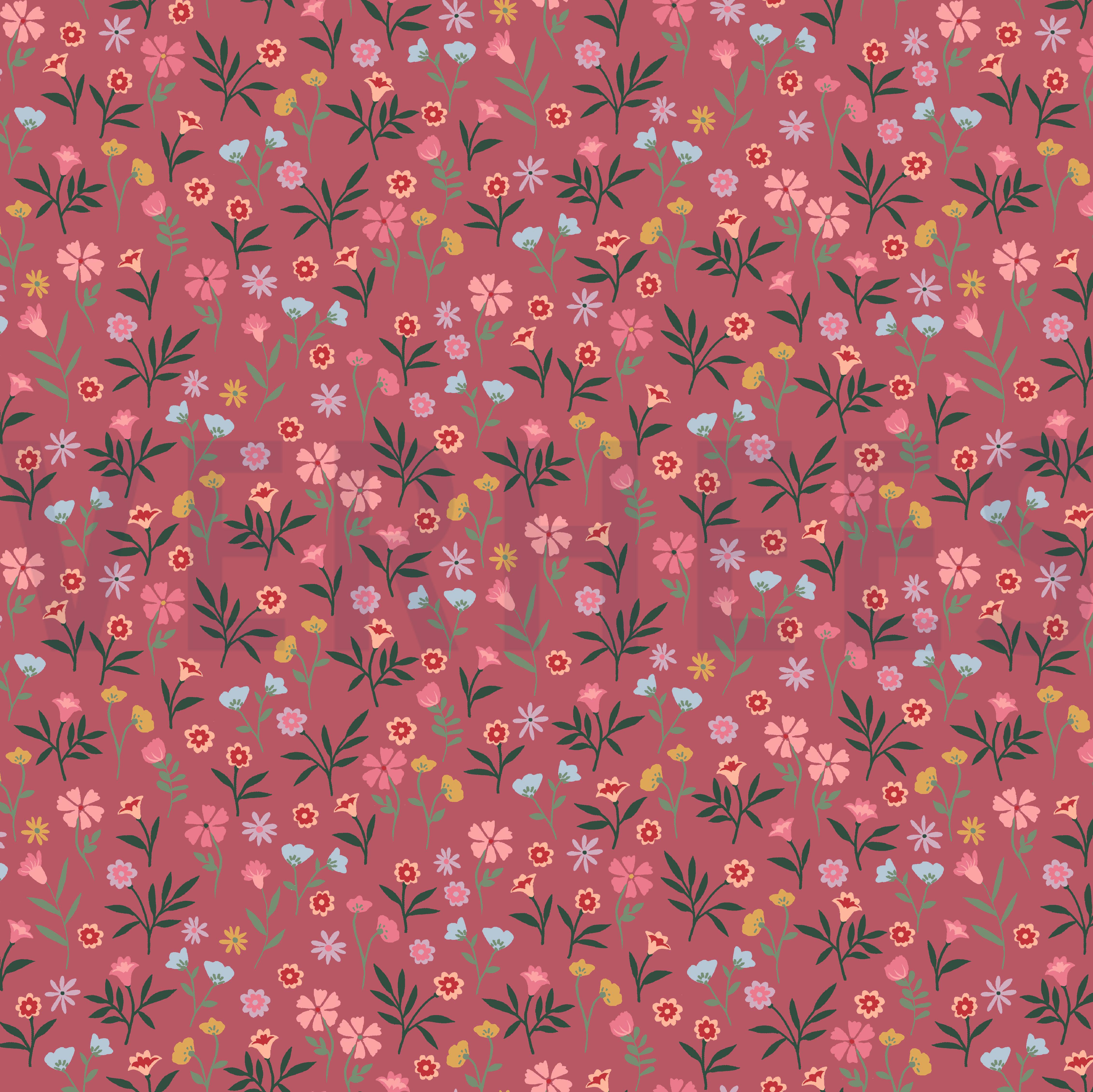 POPELINE DE COTON FLEURS ROSE FONCÉ (high resolution)