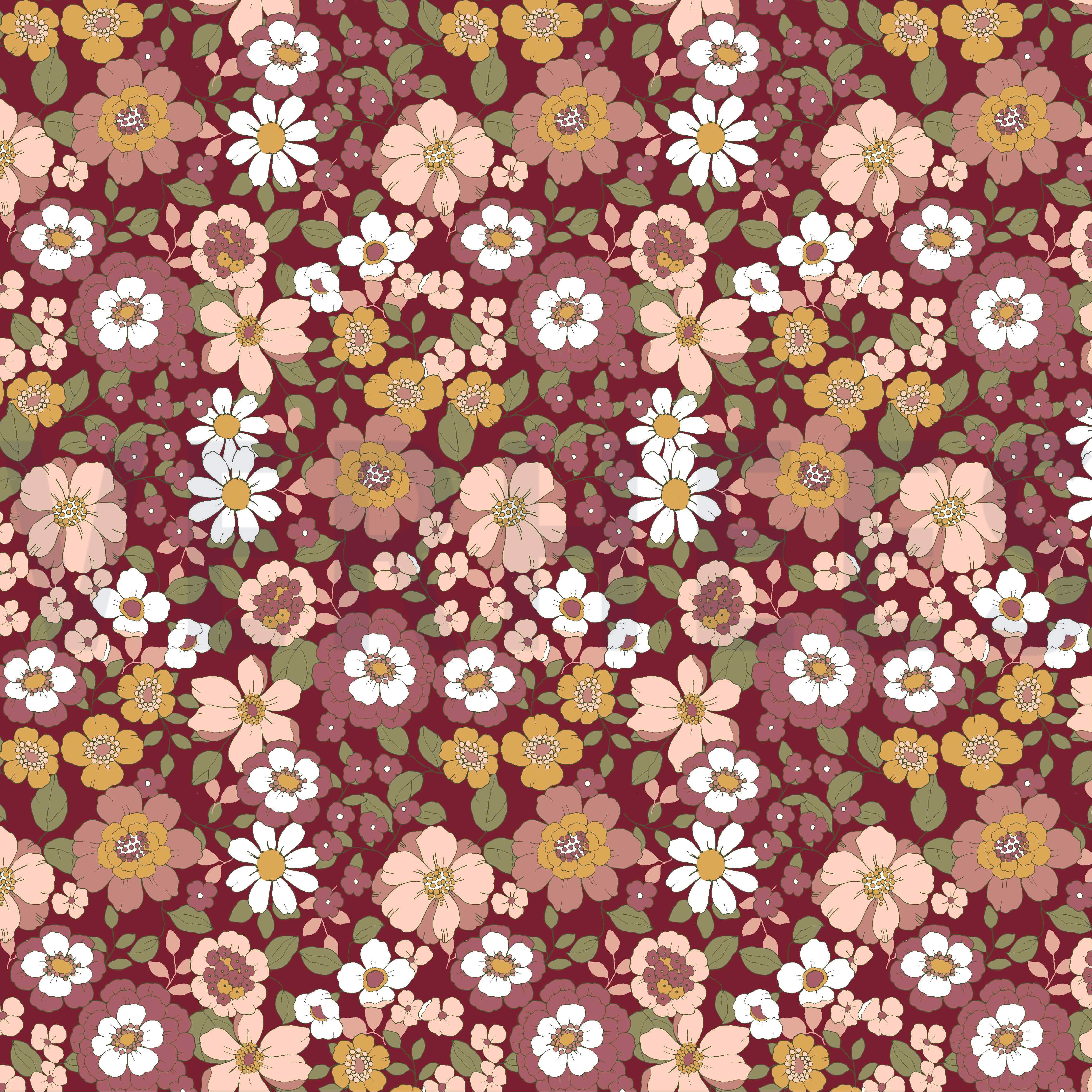 POPELINE DE COTON FLEURS ROUGE VIN (high resolution)