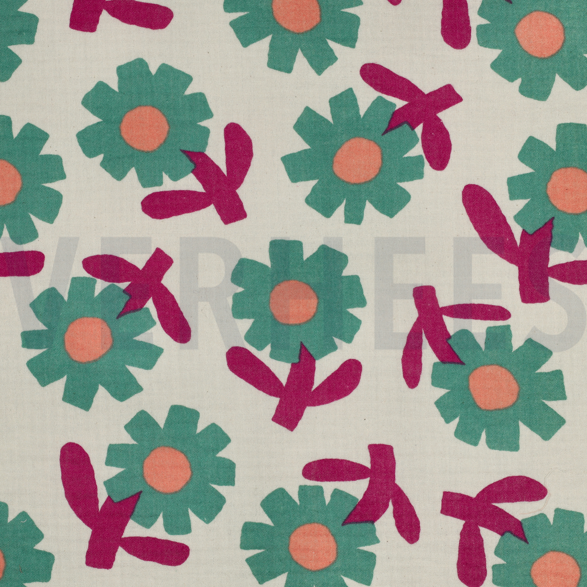 DOUBLE GAUZE GOTS BLOEMEN JENNIFER BOURON NATUREL/GROEN (high resolution)