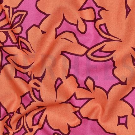 FIJNGEWEVEN KATOENEN POPLIN BLOEMEN ORANJE/ROZE (hover)