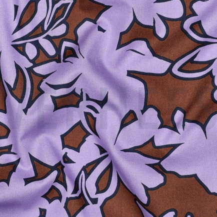 FEIN GEWEBTE BAUMWOLLPOPELINE BLUMEN BRAUN/LILA (hover)