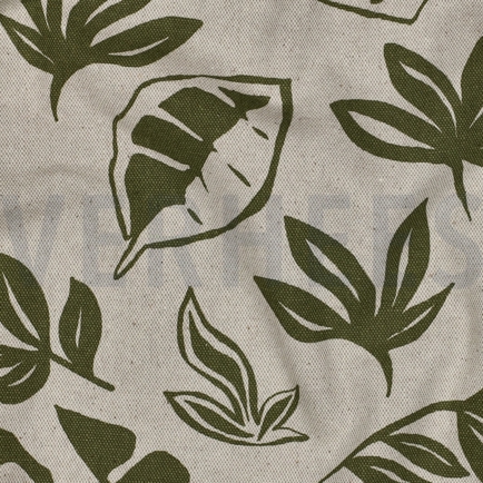 TOILE DÉCORATION LIN LOOK FEUILLES VERT ARMÉE (hover)