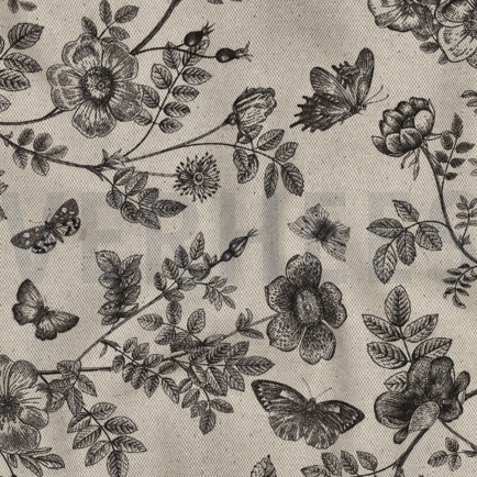 TOILE DÉCORATION LIN LOOK DIGITAL FLEURS NOIR (hover)
