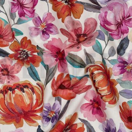FEIN GEWEBTE BAUMWOLLPOPELINE DIGITAL BLUMEN WEISS (hover)