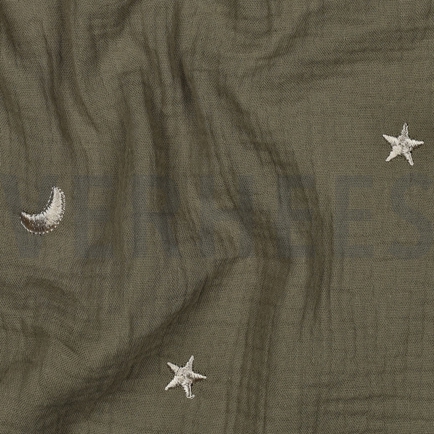 MUSSELIN STICKEREI STERNE MOOSGRÜN (hover)