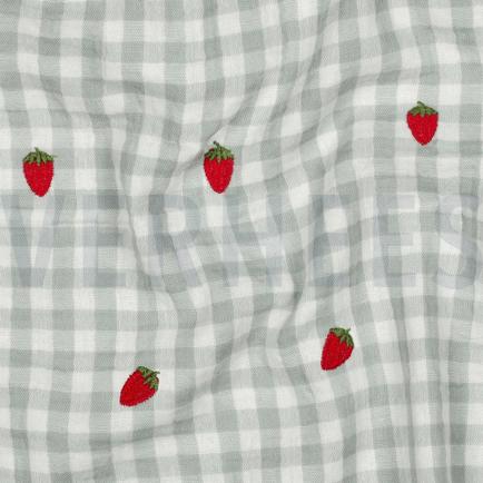 DOUBLE GAZE DE COTON BRODERIE FRAISES VERT (hover)