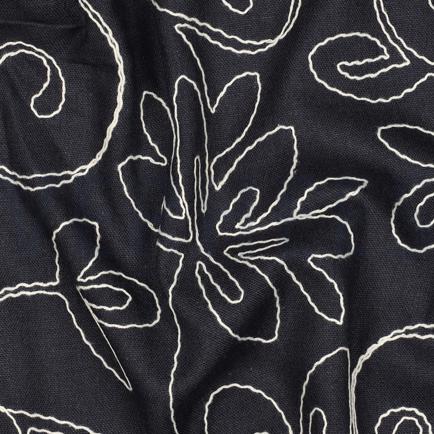 LINNEN VISCOSE EMBROIDERY BLOEMEN MARINEBLAUW (hover)