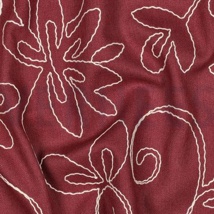 LINNEN VISCOSE EMBROIDERY BLOEMEN BORDEAUXROOD (hover)