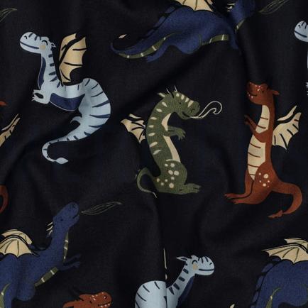 POPELINE DE COTON TISSAGE FIN DRAGONS BLEU MARINE (hover)