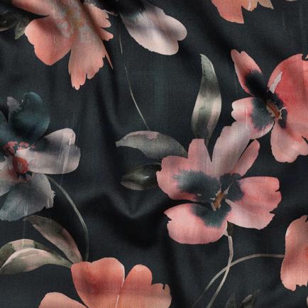 COTTON SATIN DIGITAL FLOWERS DARK PETROL (hover)