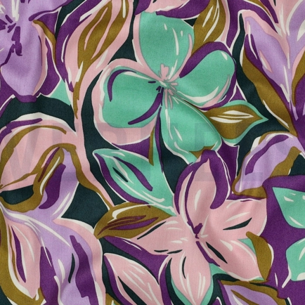 COTON VISCOSE FLEURS BLEU COBALT (hover)