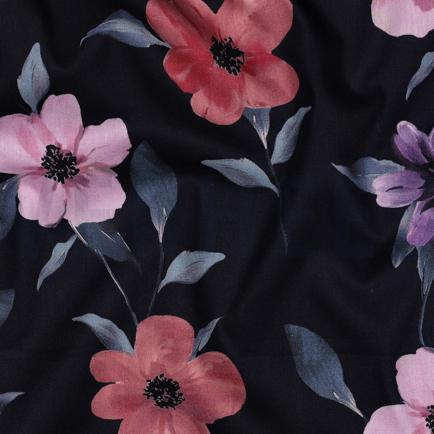 COTON VISCOSE DIGITAL FLEURS BLEU MARINE (hover)