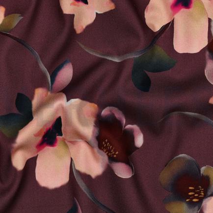 VISCOSE ROSELLA STRETCH DIGITAL FLOWERS AUBERGINE (hover)