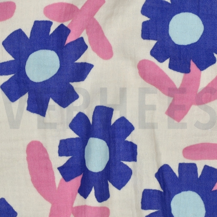 DOUBLE GAUZE GOTS BLOEMEN JENNIFER BOURON NATUREL/BLAUW (hover)