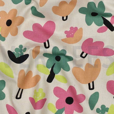 KATOENEN POPLIN GOTS BLOEMEN JENNIFER BOURON NATUREL/GROEN (hover)