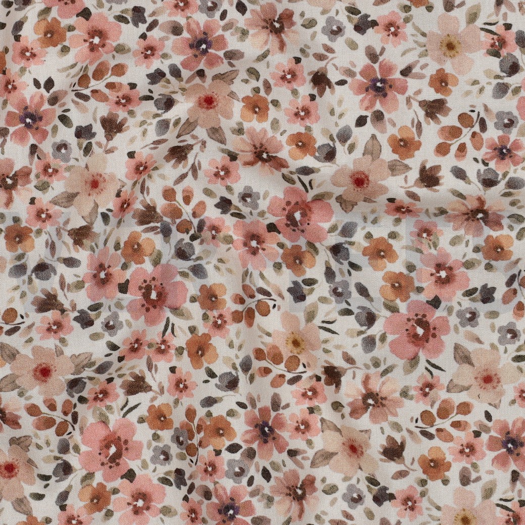 FIJNGEWEVEN KATOENEN POPLIN DIGITAAL BLOEMEN PERZIK (hover)